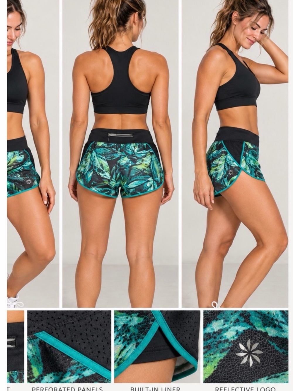 ATHLETA Black and Teal Tropical Print Running Shorts with Liner 3.5inch